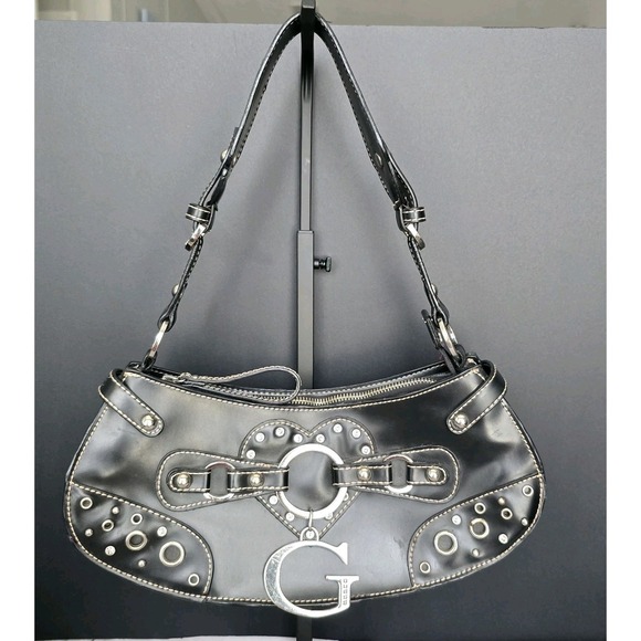 Guess Handbags - Guess Y2K Black Studded Baguette Faux Leather Bling